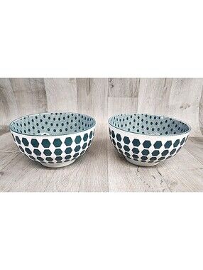 Grace's Teaware White Green Cereal Bowls  Geometric Modern - Set of 2
